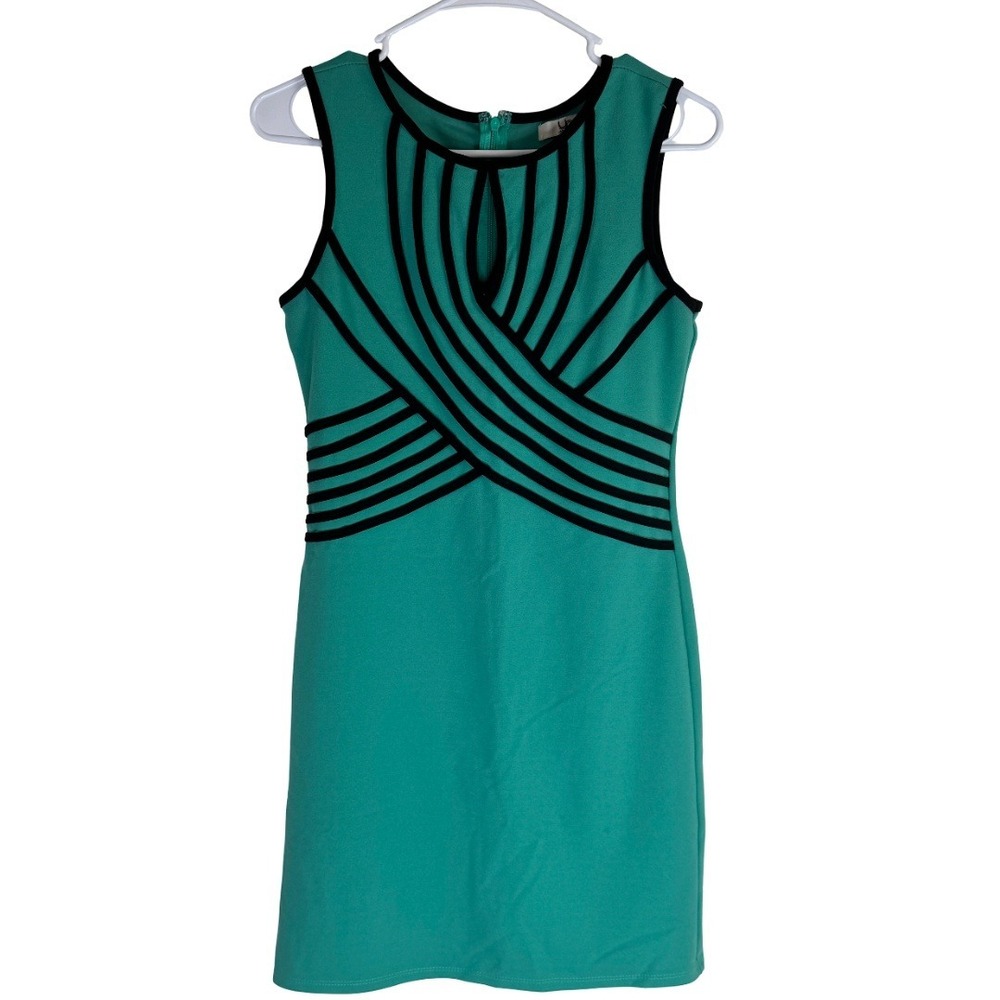 Ya Los Angeles Mini Dress Women Medium Green Black Geometric Piping Bodycon Chic
